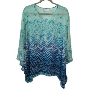 Belle by‎ Kim Gravel Blouse Women's XL Green Blue Aztec Ombre Sheer Bat Wing